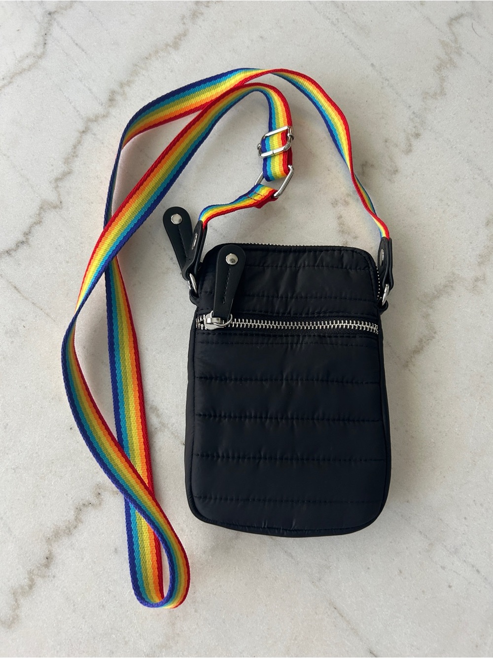 Black Quilted Crossbody Phone Pouch with Rainbow Strap